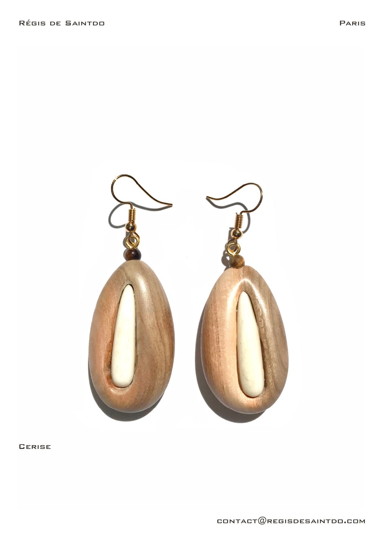 Boucles d'oreilles Cerise — os, bois de cerisier, œil-de-tigre