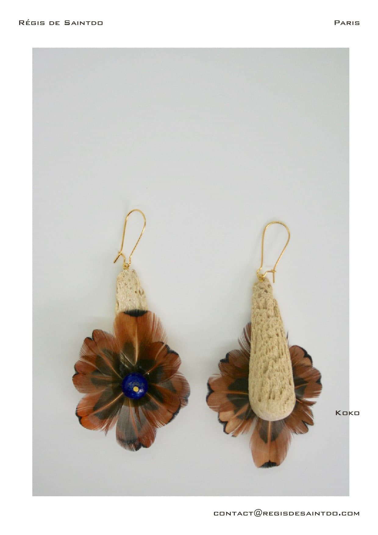 Boucles d'oreilles Koko — cornillon, plumes, lapis-lazuli