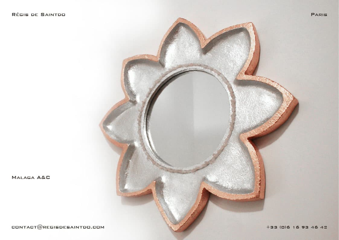 Miroir Malaga — céramique, feuille d'aluminium et de cuivre, quartz rose