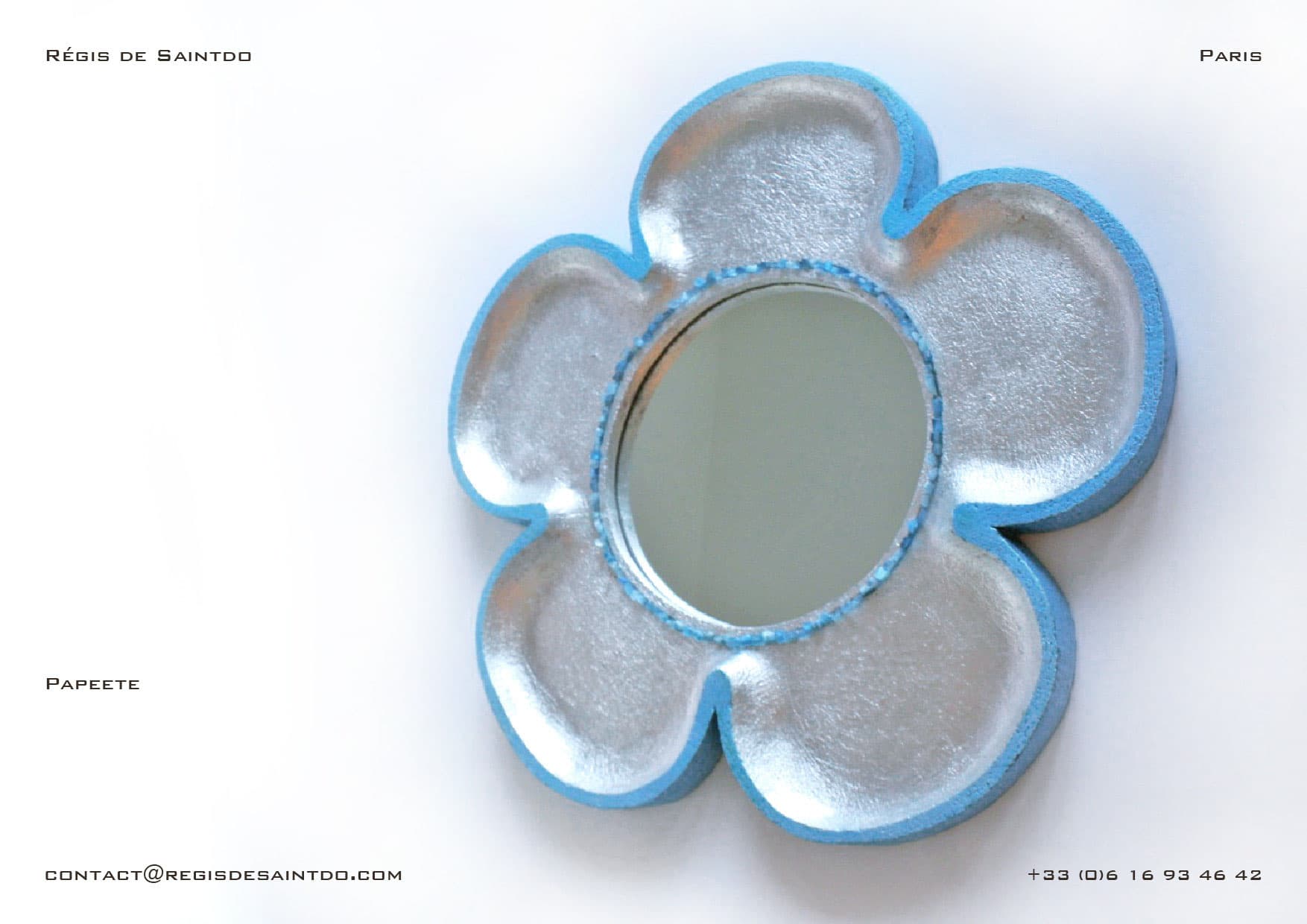 Miroir Papeete — céramique, feuille d'aluminium teintée bleue, agates bleues