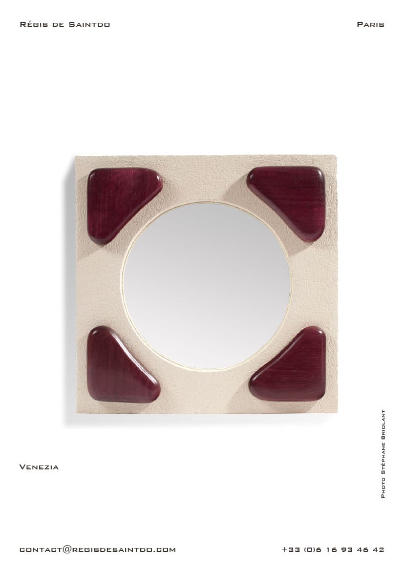 Miroir Venezia — céramique blanche brute, bois d'amarante poli