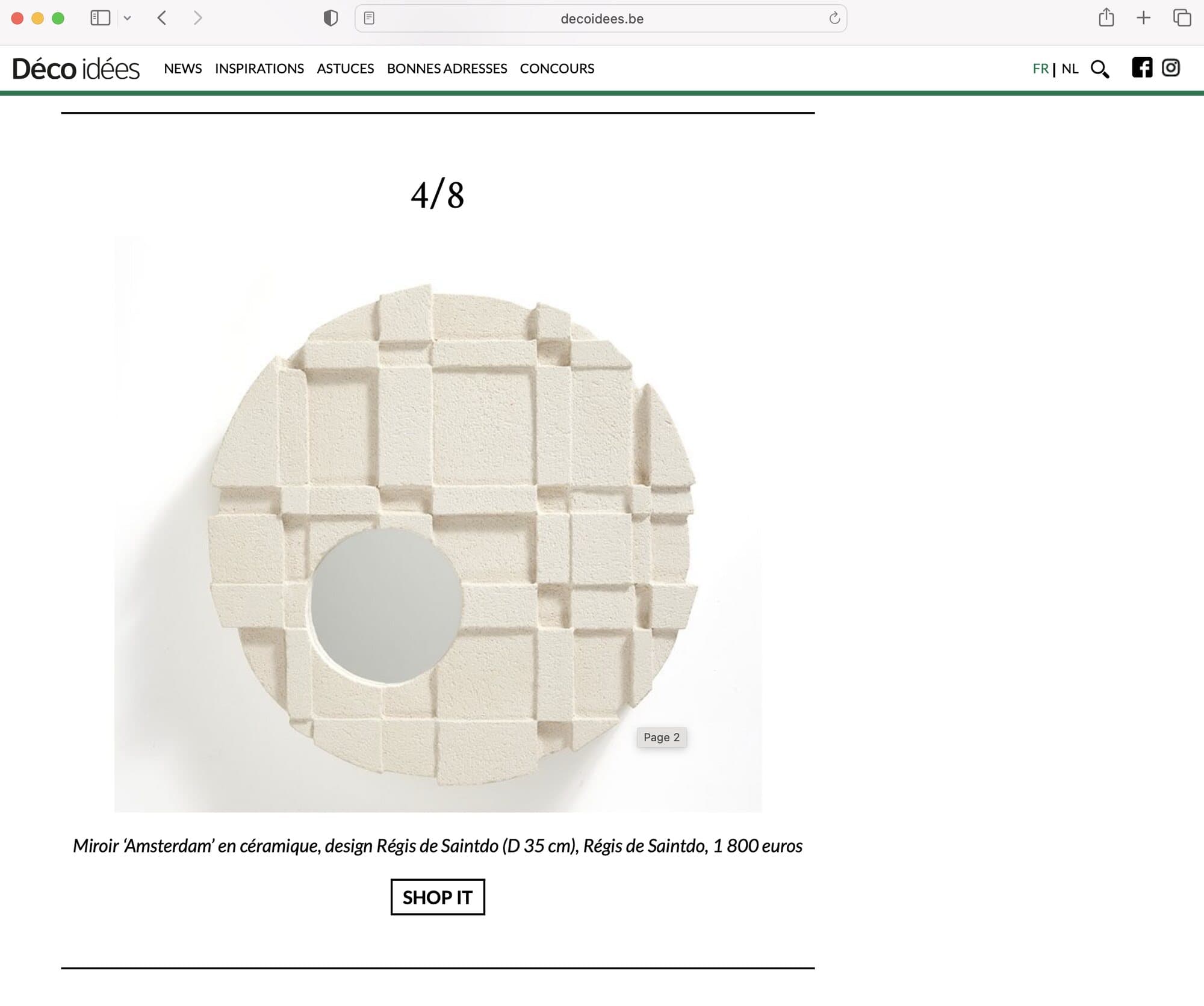 Page du site Déco Idées présentant le miroir Amsterdam