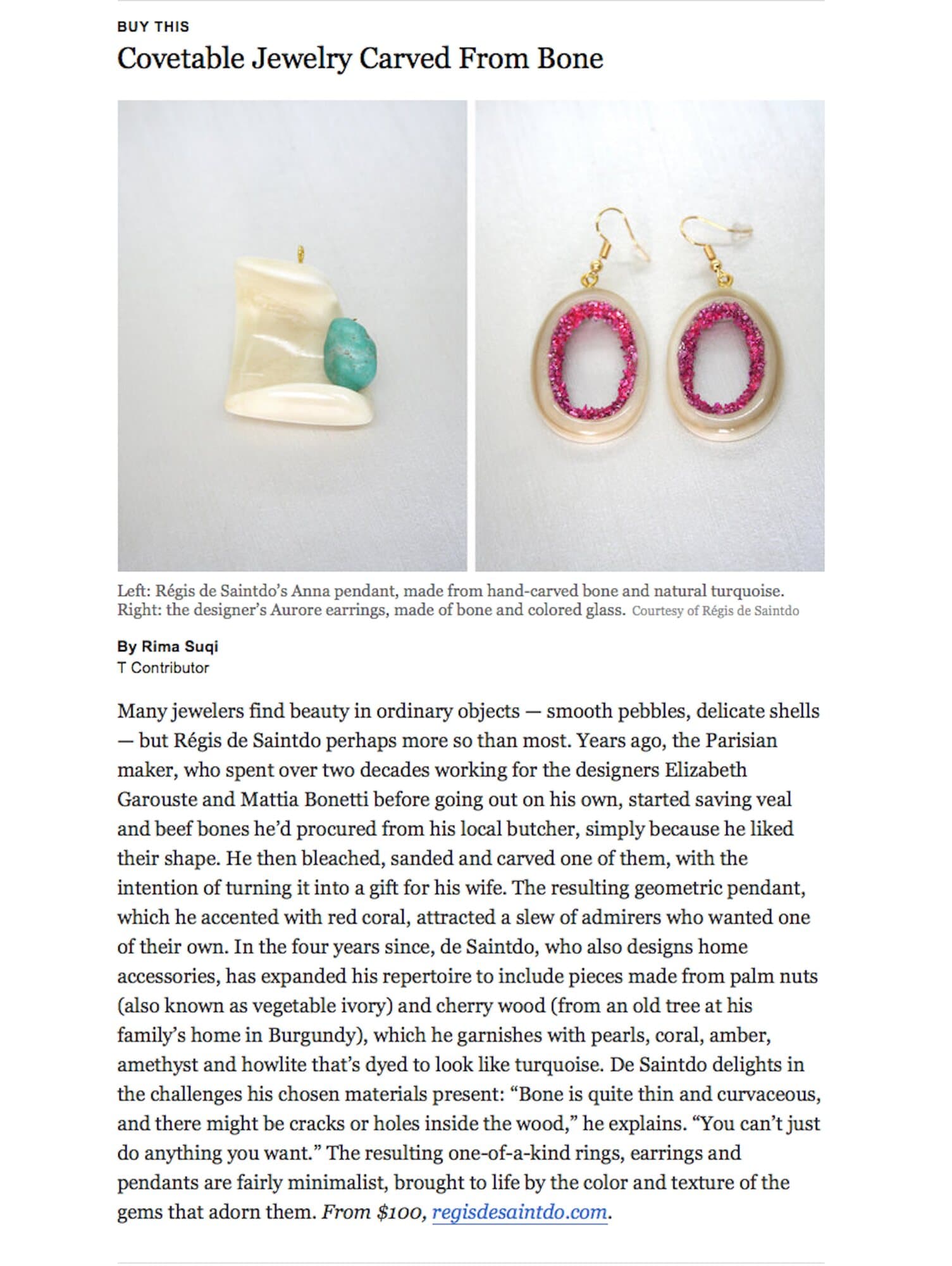 Article de T Magazine sur les bijoux en os de Régis de Saintdo